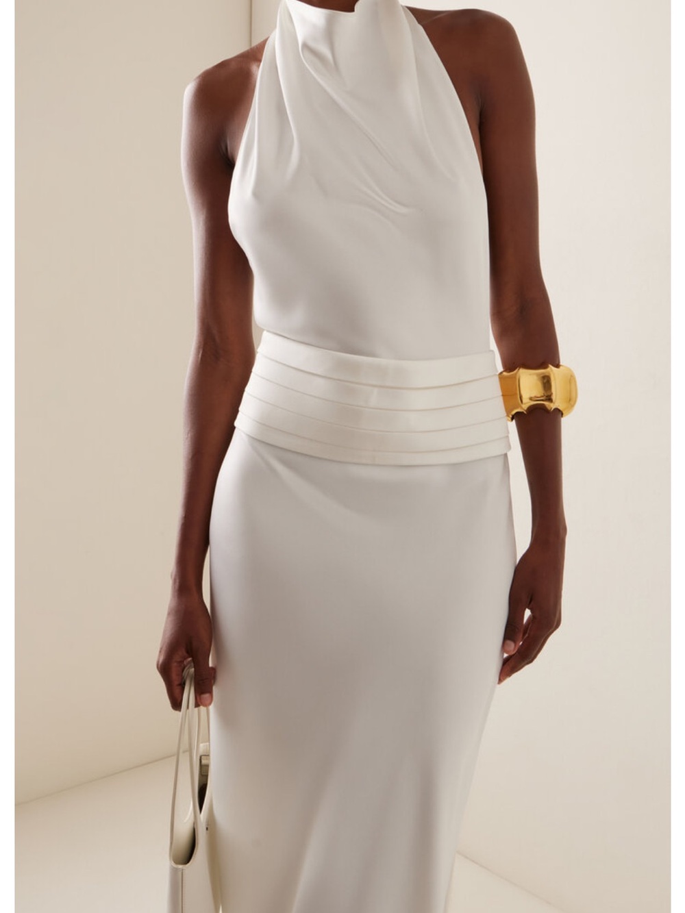 ILA Bridal White Halter Backless Wedding Dress with Pleated Waistband